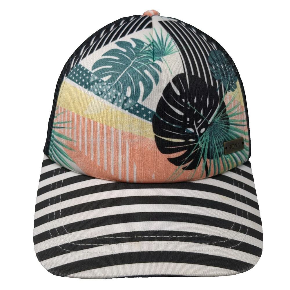 Roxy Trucker Hat Black One Size Tropical Palm Print Striped Brim Mesh Snapback